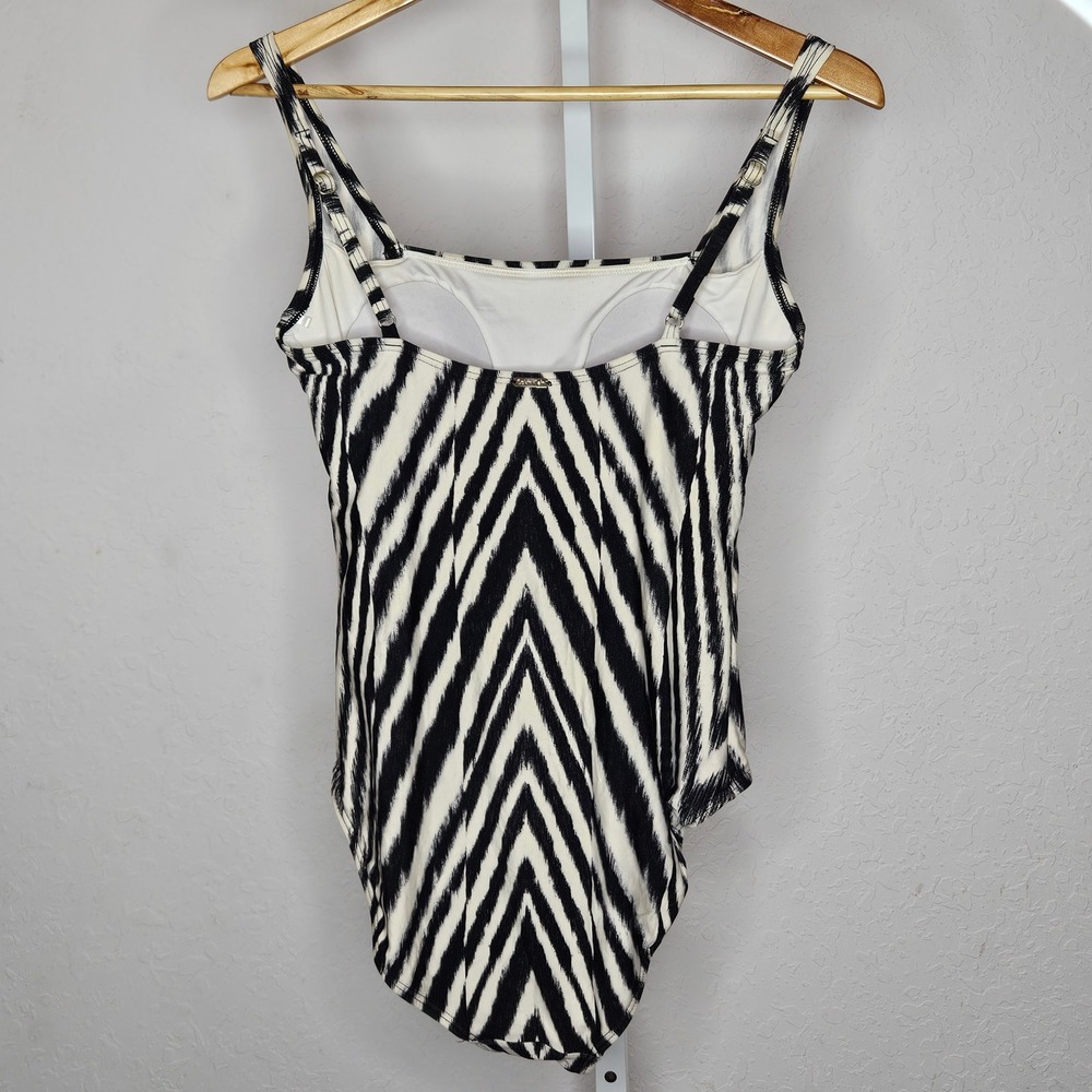 Calvin Klein Zebra Ikat Ruched One Piece Swimsuit Black White Womens 10 - Picture 3 of 5